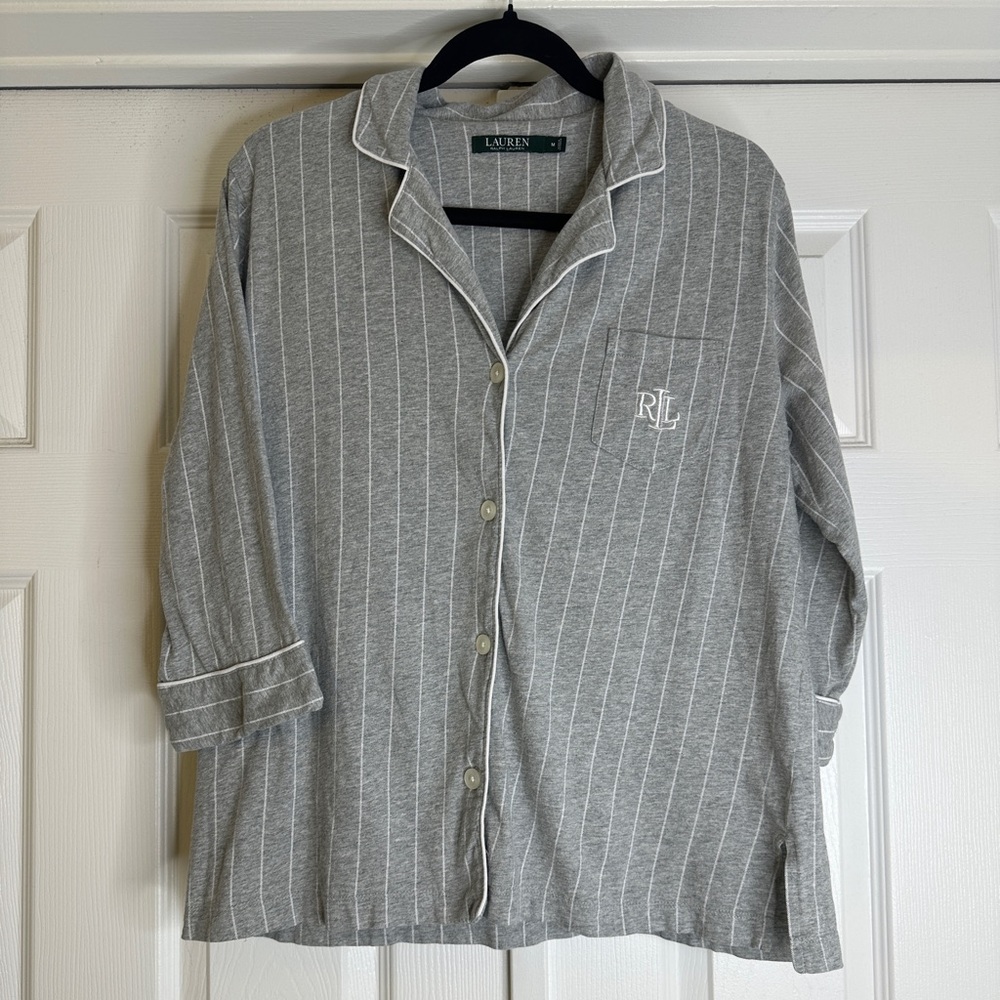Ralph Lauren Grey Striped Pajama Top | Cozy Loungewear Button Down | Women’s M